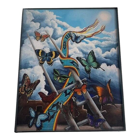 Southwest Native American Butterfly Ladder Woven Tapestry Print Picture Framed - Picture 1 of 6